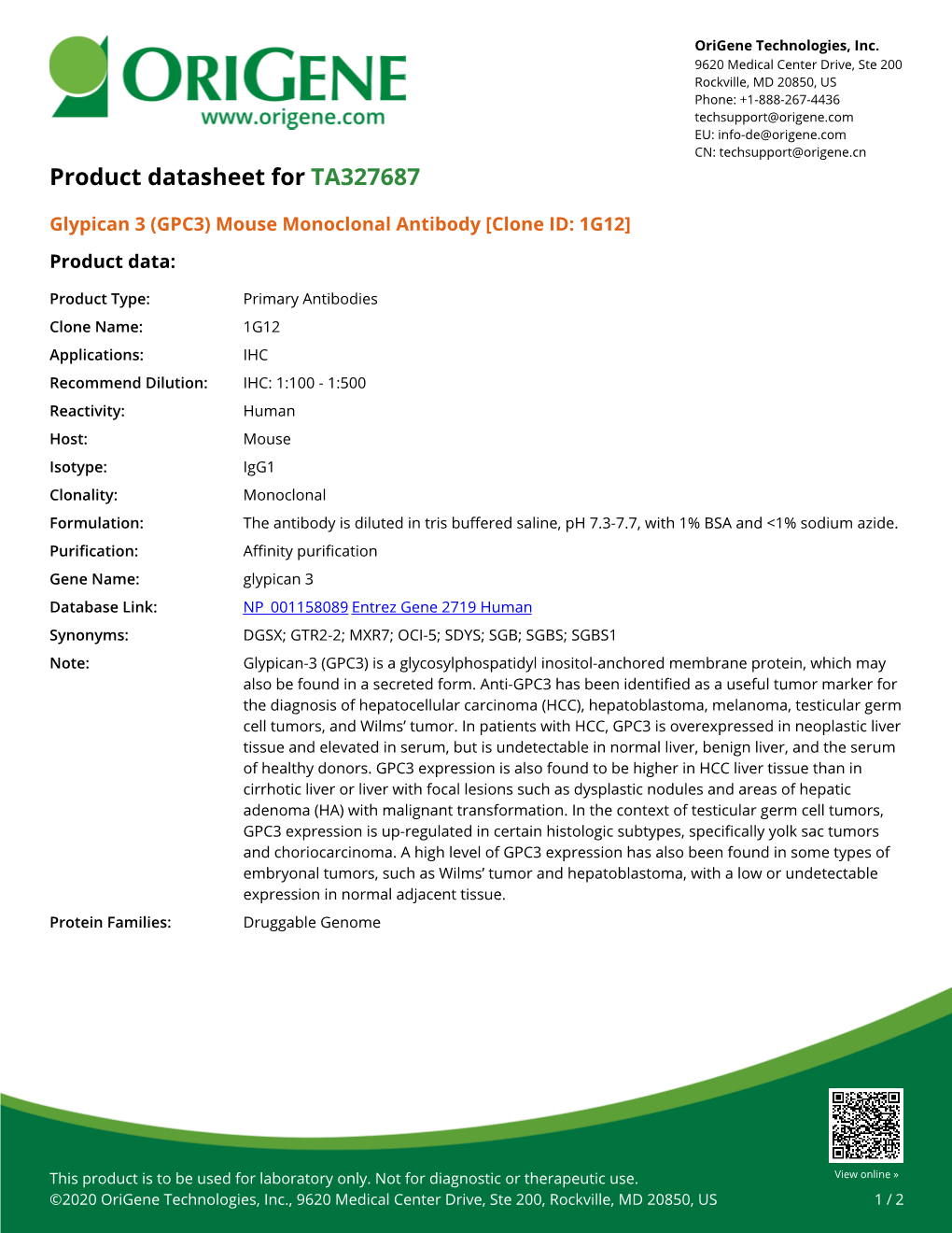 Glypican 3 (GPC3) Mouse Monoclonal Antibody [Clone ID: 1G12] Product Data