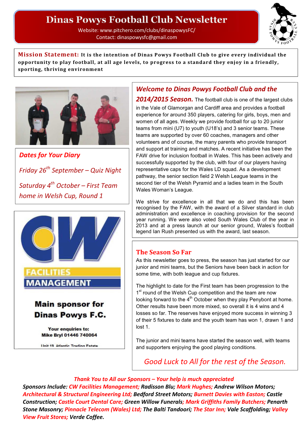 Dinas Powys Football Club Newsletter Website: Contact: Dinaspowysfc@Gmail.Com