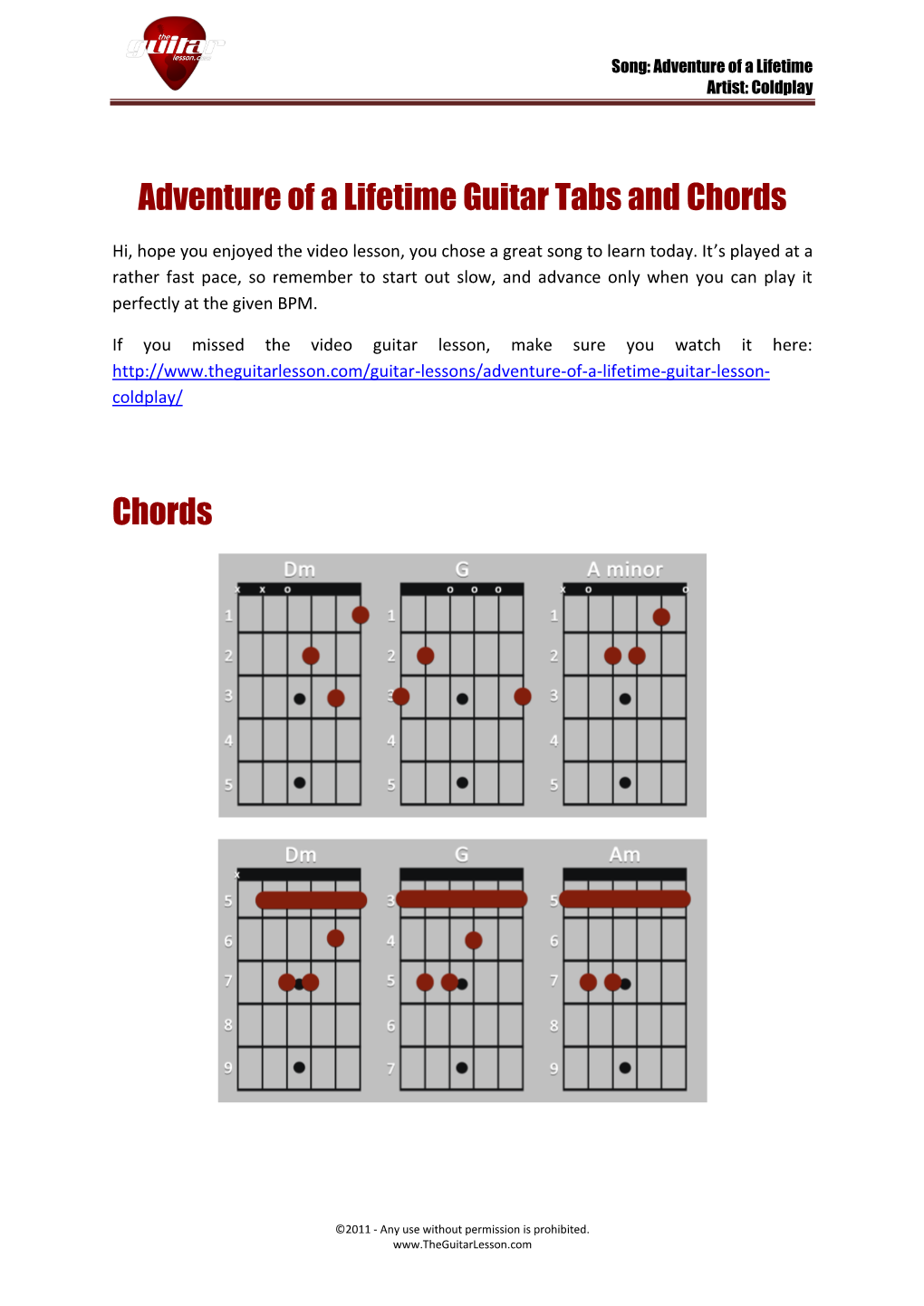 Adventure of a Lifetime Guitar Tabs and Chords Chords