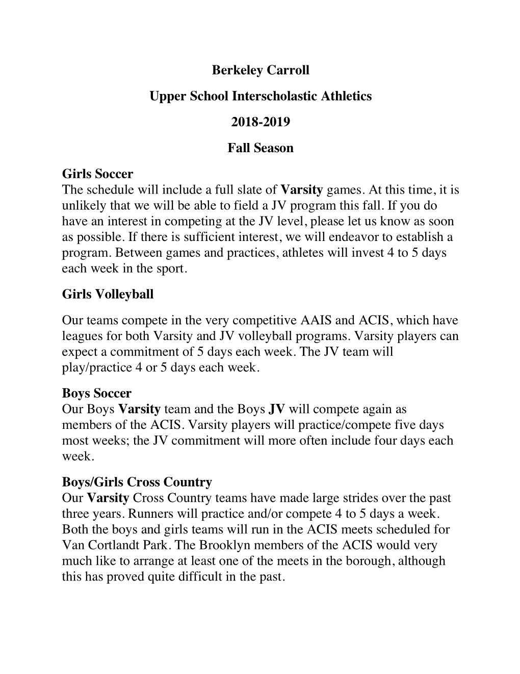Berkeley Carroll Upper School Interscholastic Athletics 2018-2019