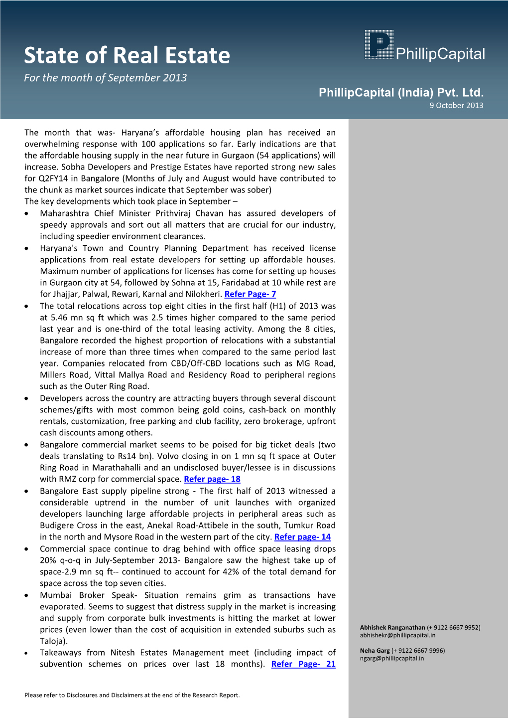 State of Real Estate for the Month of September 2013 Phillipcapital (India) Pvt