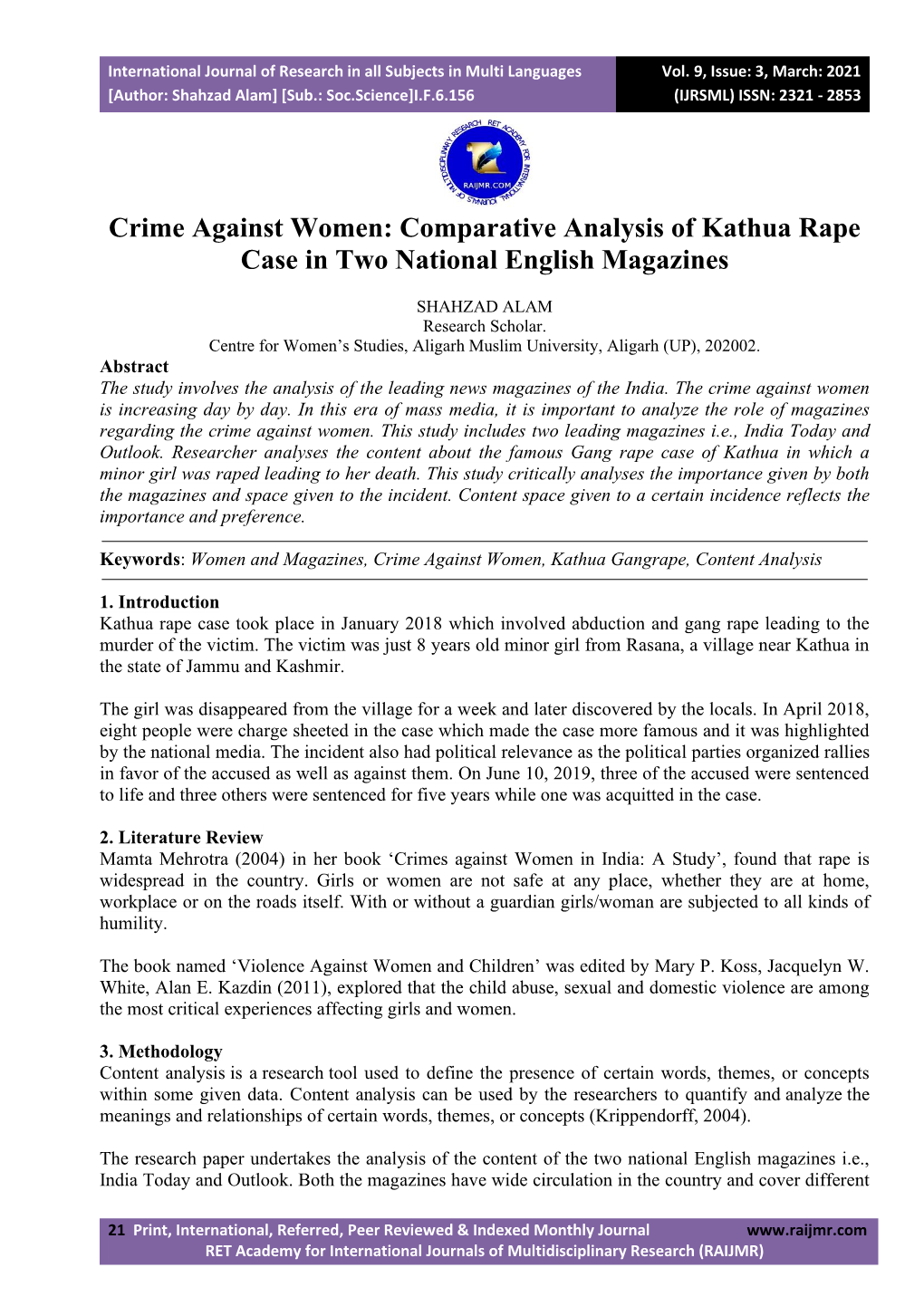 Crime Against Women: Comparative Analysis of Kathua Rape Case in Two National English Magazines