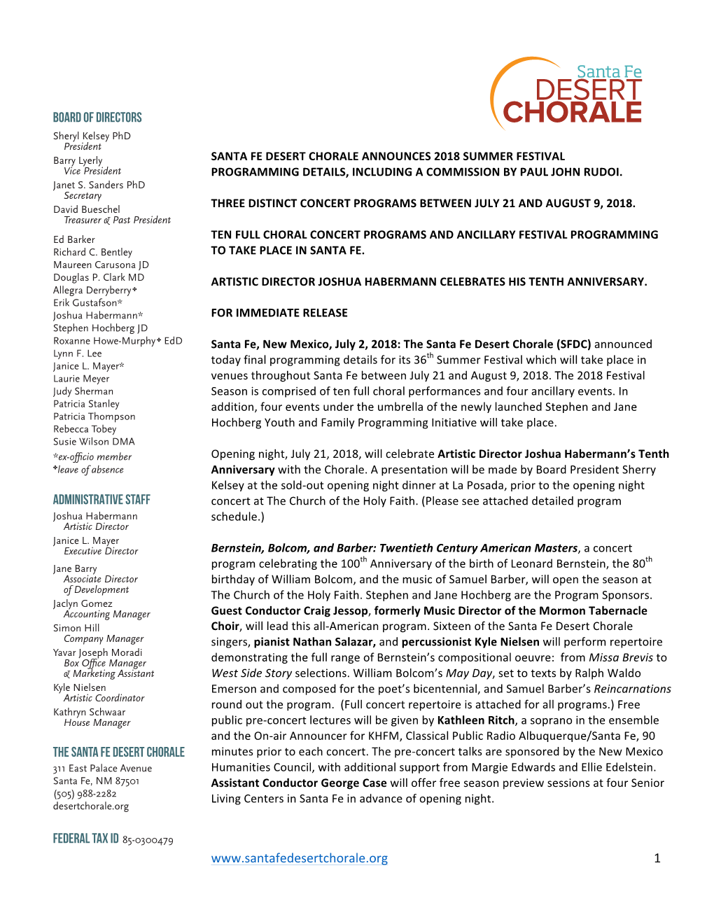 SANTA FE DESERT CHORALE ANNOUNCES 2018 SUMMER FESTIVAL Vice President PROGRAMMING DETAILS, INCLUDING a COMMISSION by PAUL JOHN RUDOI