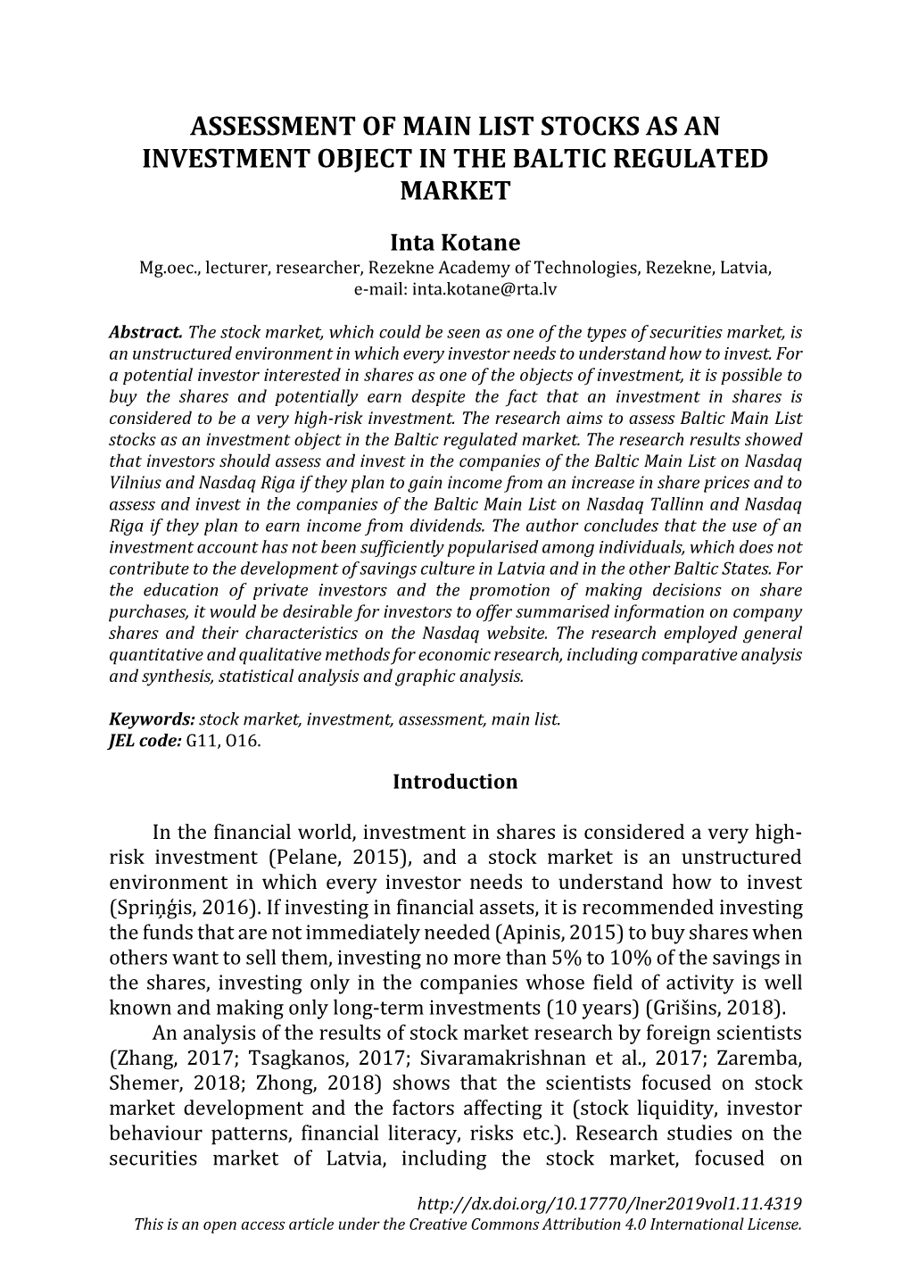 Assessment of Main List Stocks As an Investment Object in the Baltic Regulated Market