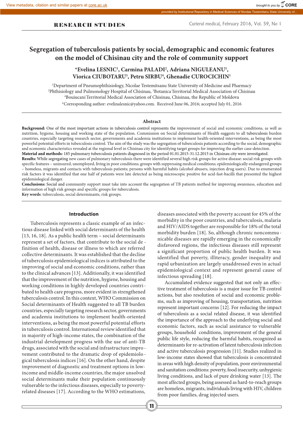 Segregation of Tuberculosis Patients by Social, Demographic and Economic Features on the Model of Chisinau City and the Role Of