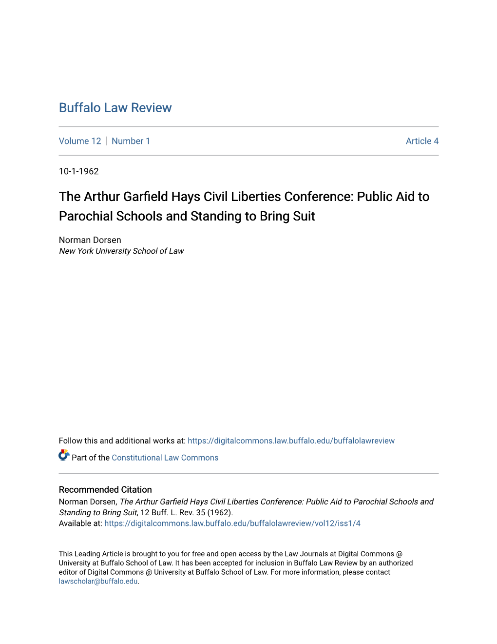 The Arthur Garfield Hays Civil Liberties Conference: Public Aid to Parochial Schools and Standing to Bring Suit