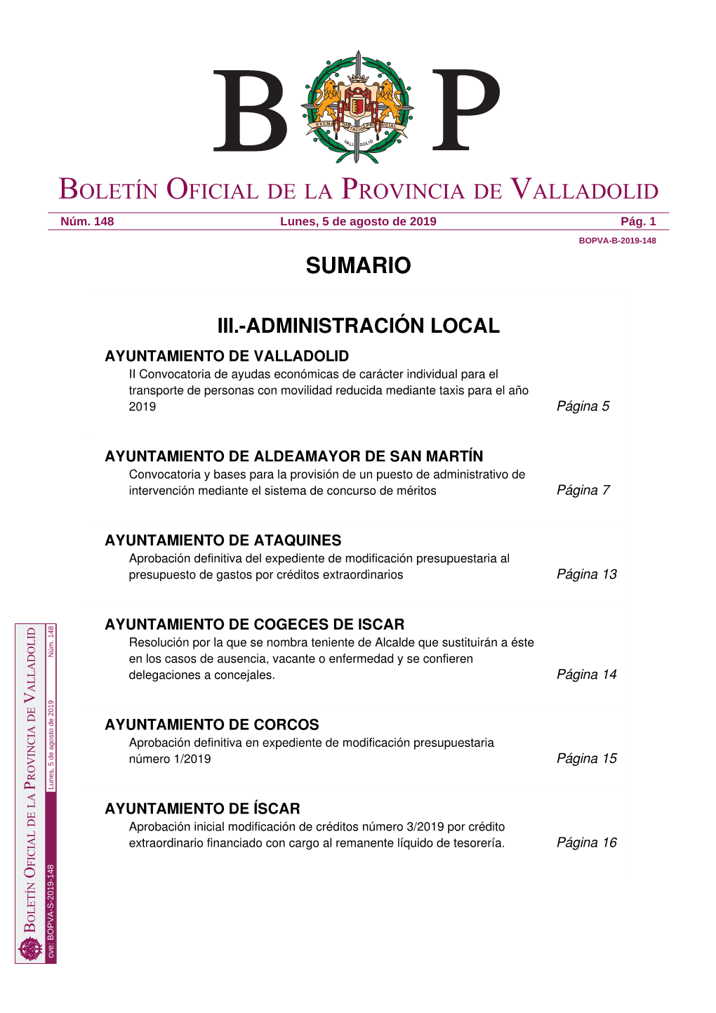 Sumario Boletín Oficial De La Provincia De Valladolid