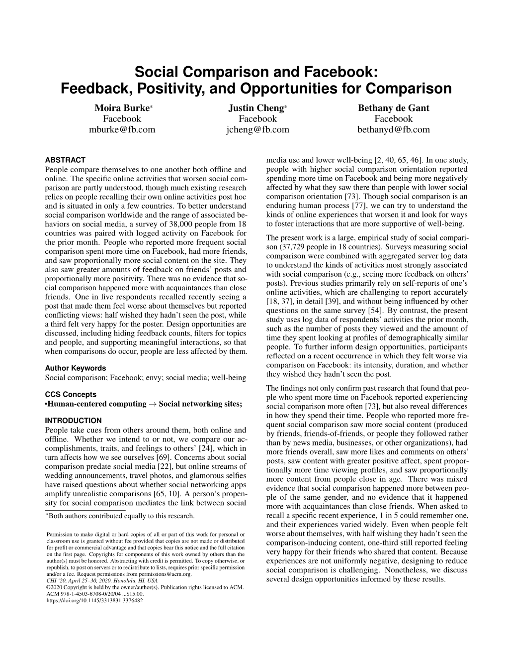Social Comparison and Facebook:Feedback, Positivity, and Opportunities for Comparison