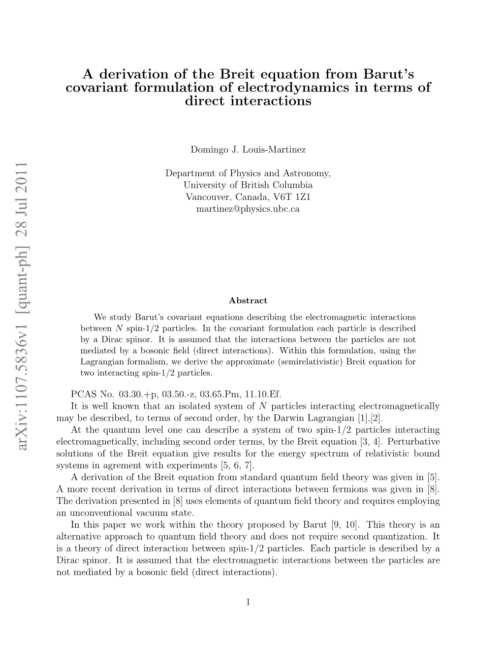 A Derivation of the Breit Equation from Barut's Covariant Formulation Of