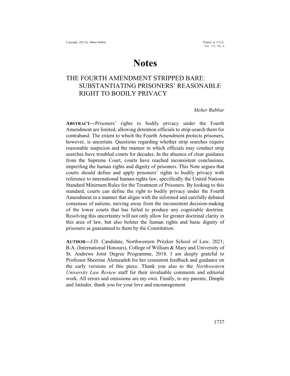 The Fourth Amendment Stripped Bare: Substantiating Prisoners’ Reasonable Right to Bodily Privacy