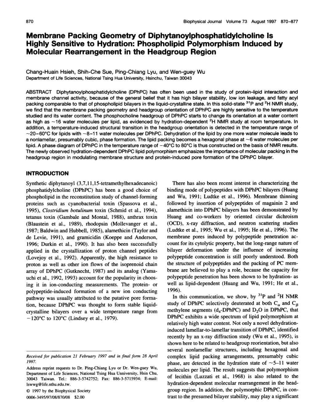 Membrane Packing Geometry of Diphytanoylphosphatidylcholine Is Highly Sensitive to Hydration: Phospholipid Polymorphism Induced