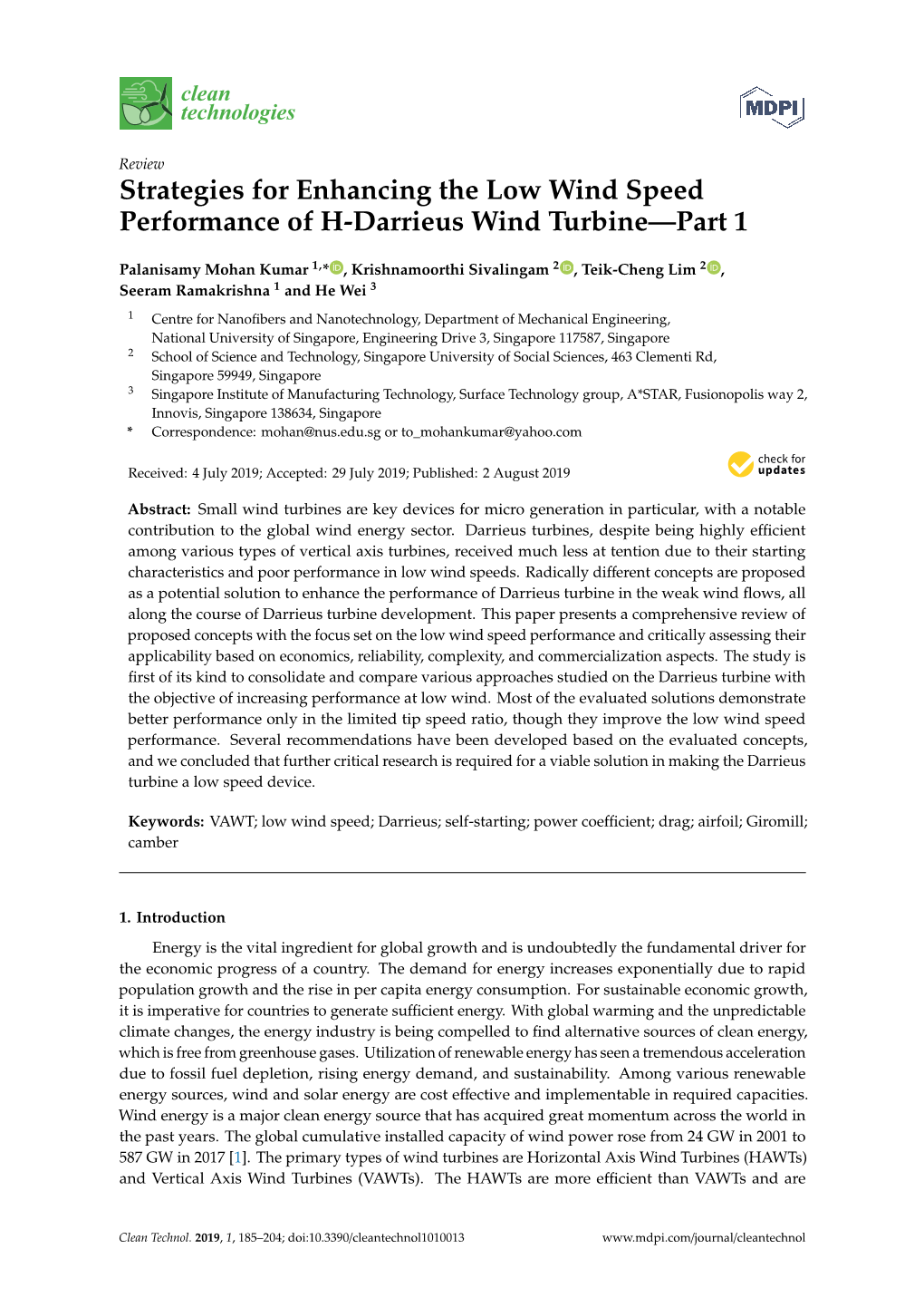 Strategies for Enhancing the Low Wind Speed Performance of H-Darrieus Wind Turbine—Part 1