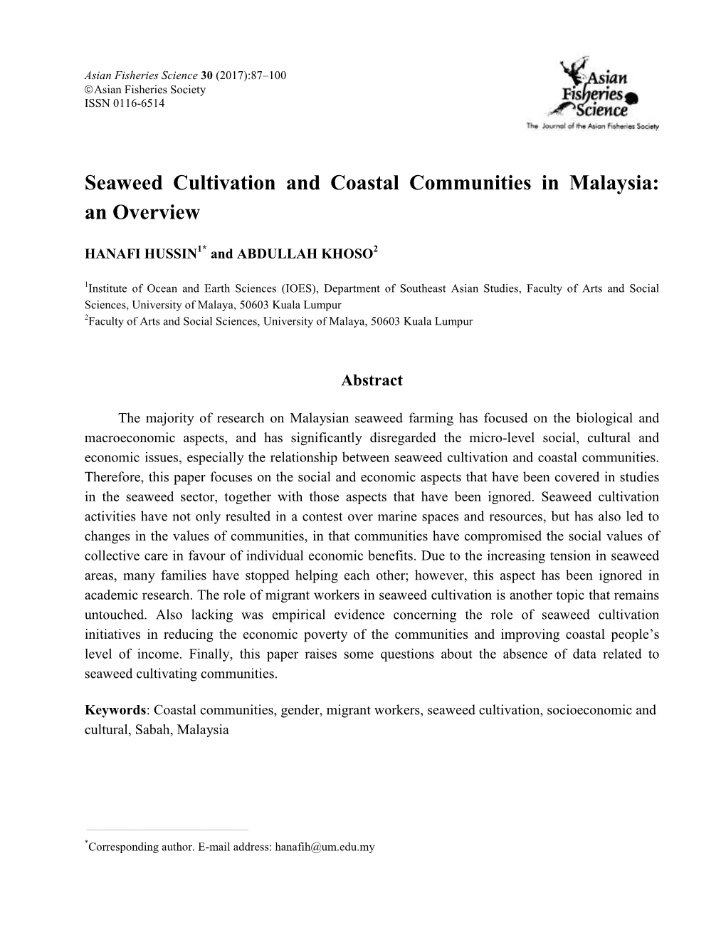 Seaweed Cultivation and Coastal Communities in Malaysia: an Overview