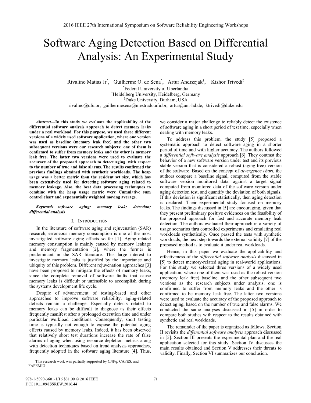 Software Aging Detection Based on Differential Analysis: an Experimental Study