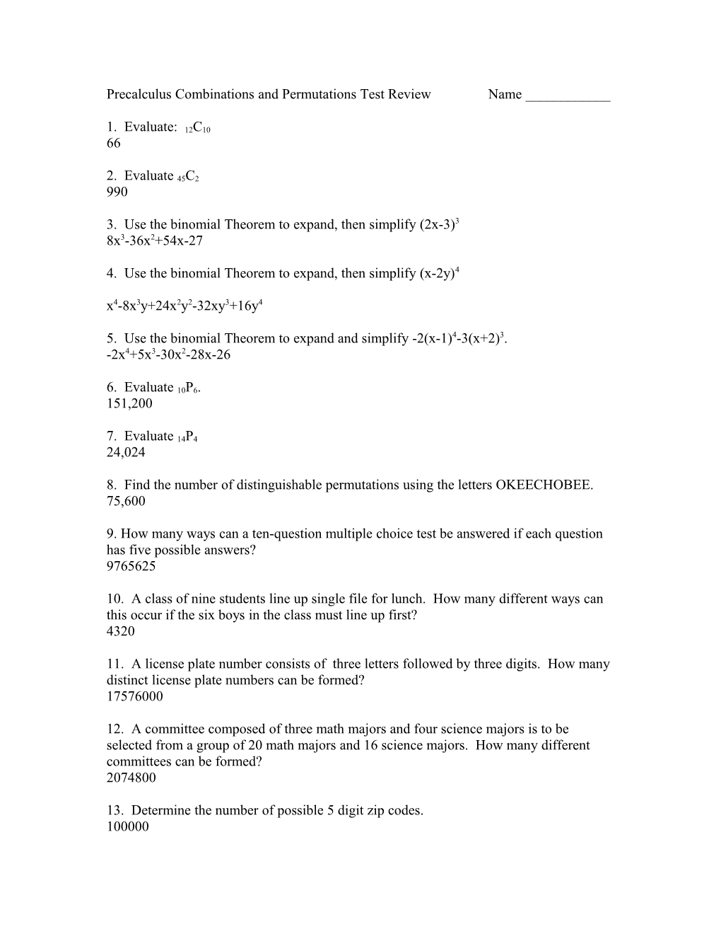 Precalculus Combinations and Permutations Test Review