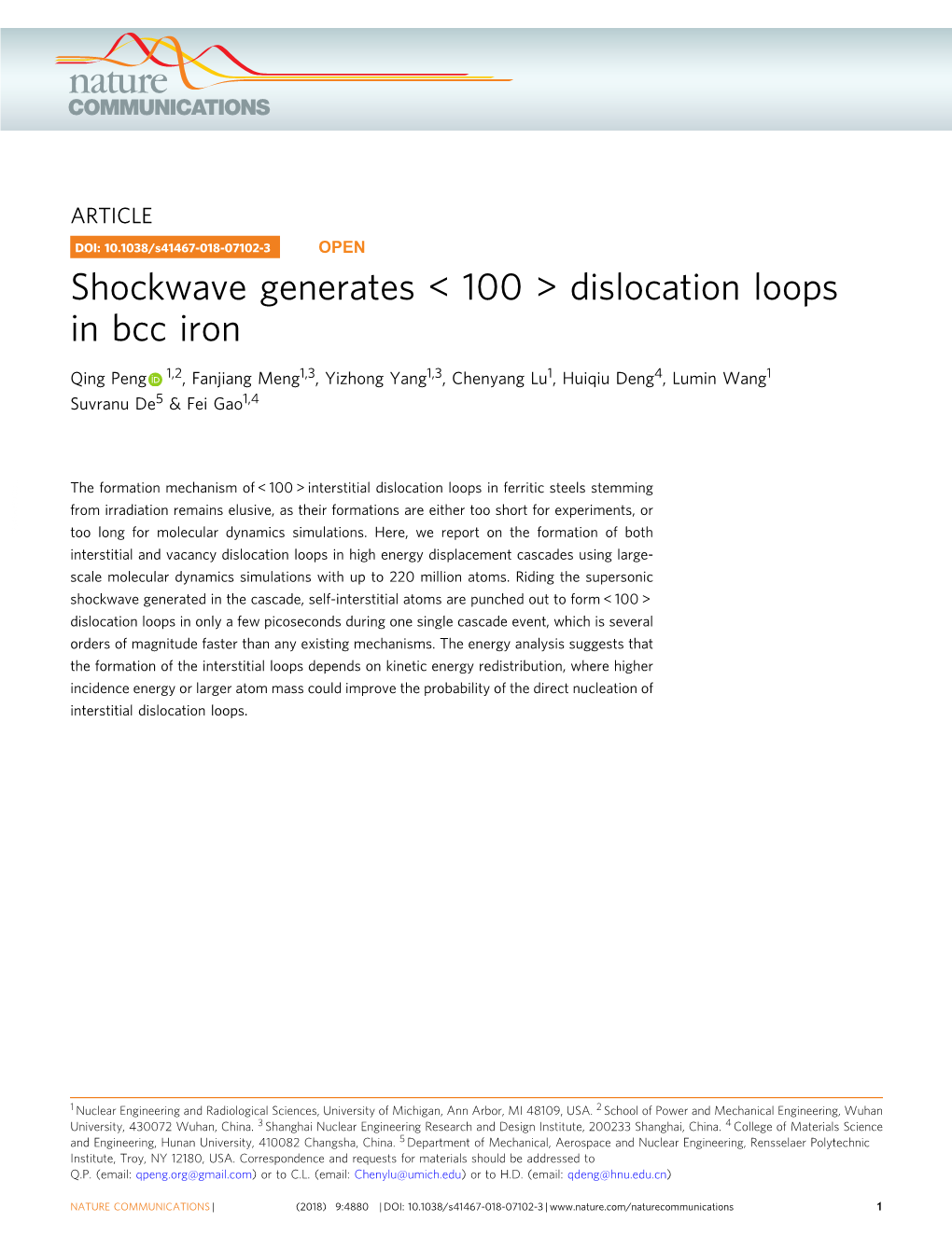 Shockwave Generates &lt; 100 &gt; Dislocation Loops in Bcc Iron