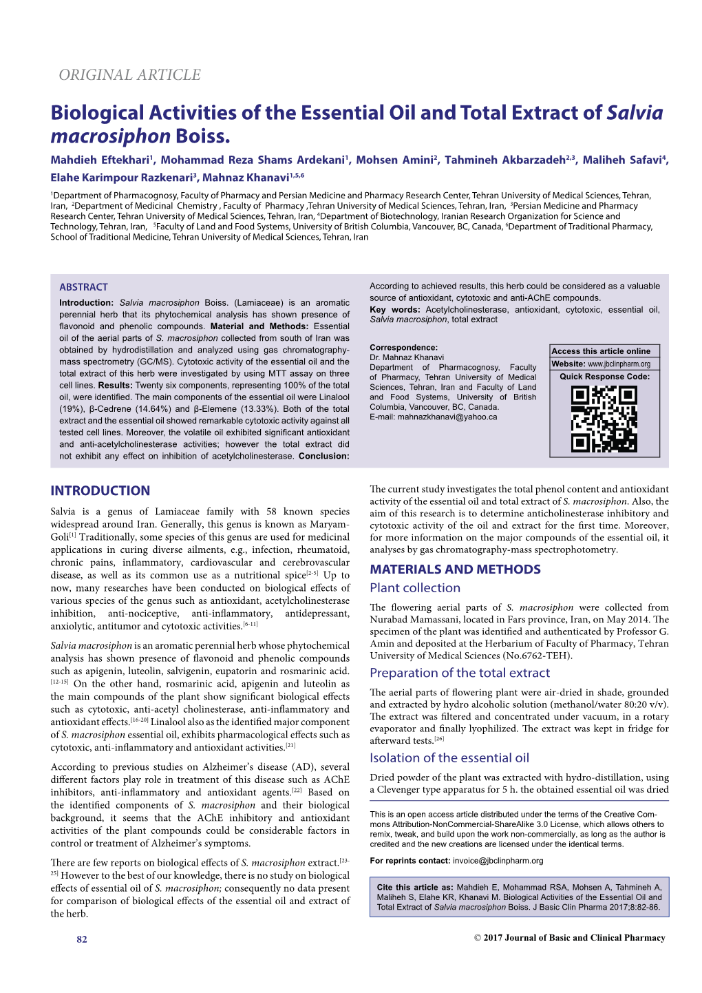 Biological Activities of the Essential Oil and Total Extract of Salvia Macrosiphon Boiss