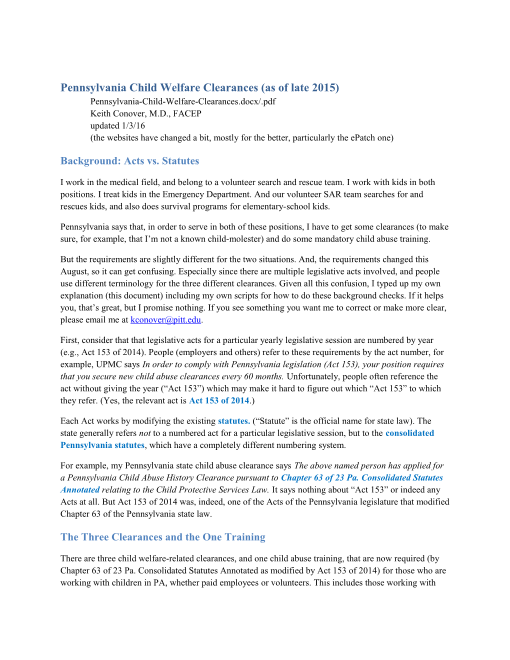 Pennsylvania Child Welfare Clearances (As of Late 2015)