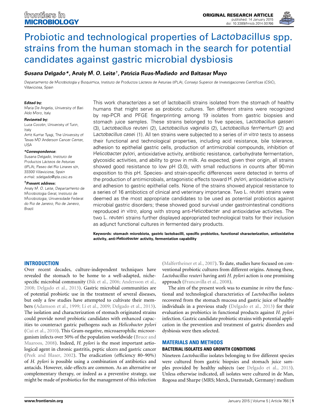 Probiotic and Technological Properties of Lactobacillus Spp. Strains from the Human Stomach in the Search for Potential Candidates Against Gastric Microbial Dysbiosis