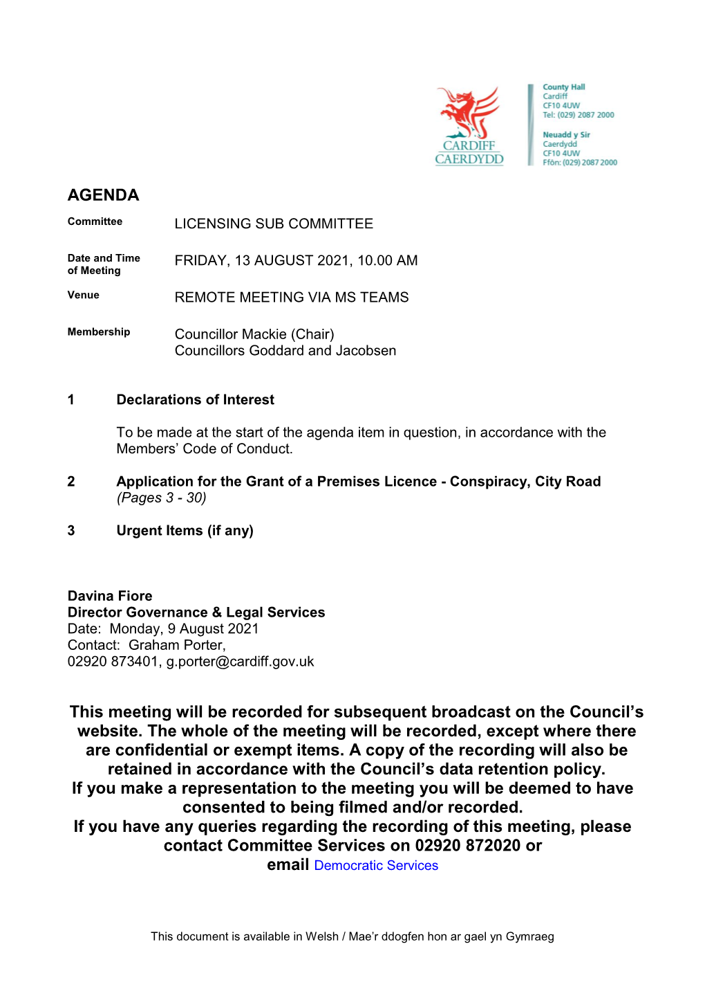 (Public Pack)Agenda Document for Licensing Sub Committee, 13/08