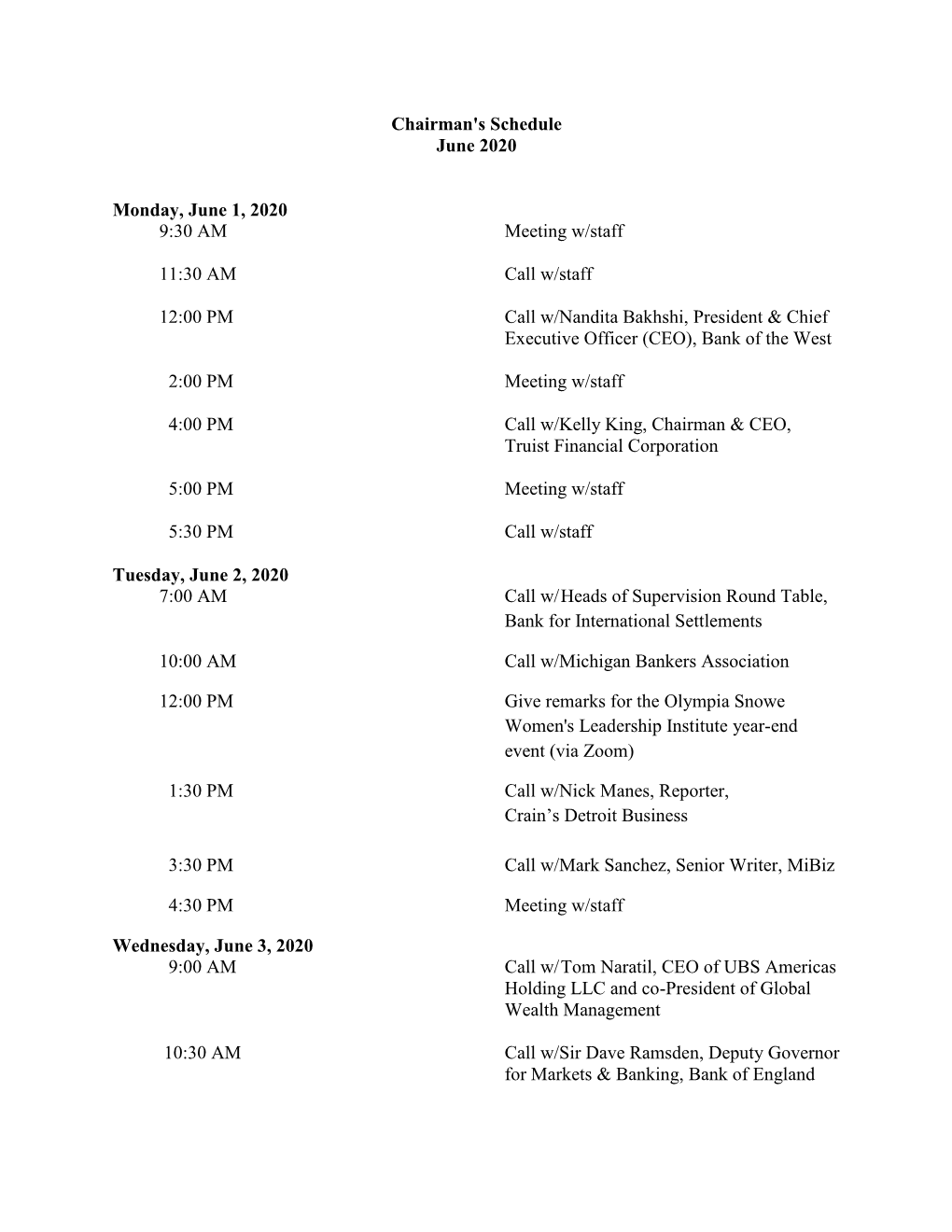 Chairman's Schedule June 2020