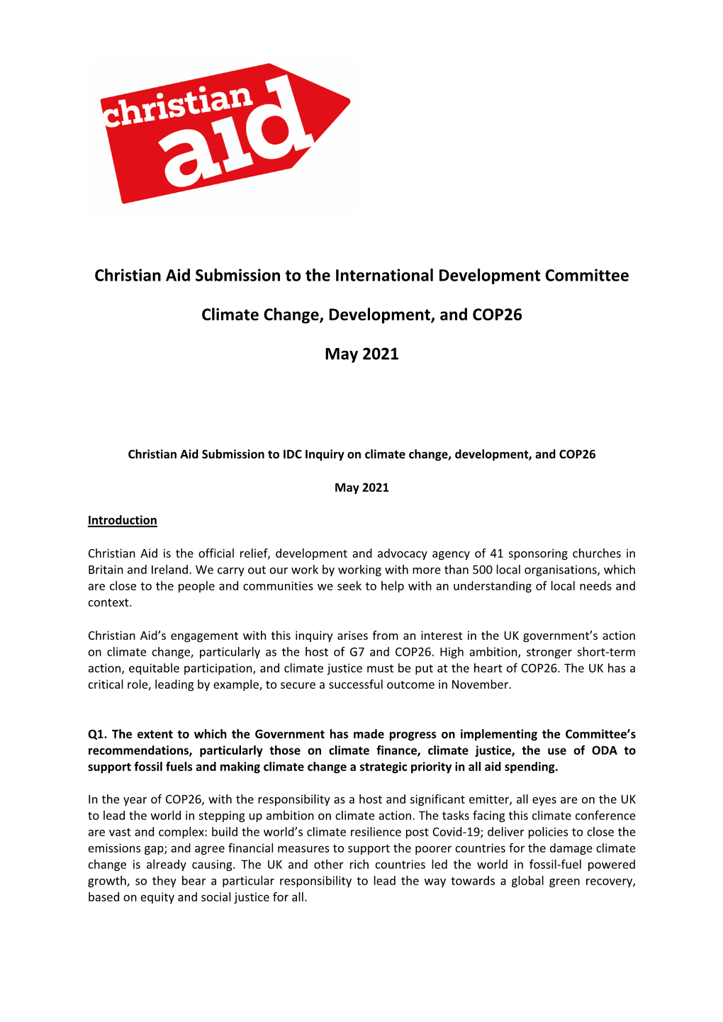 Christian Aid Submission to the International Development Committee