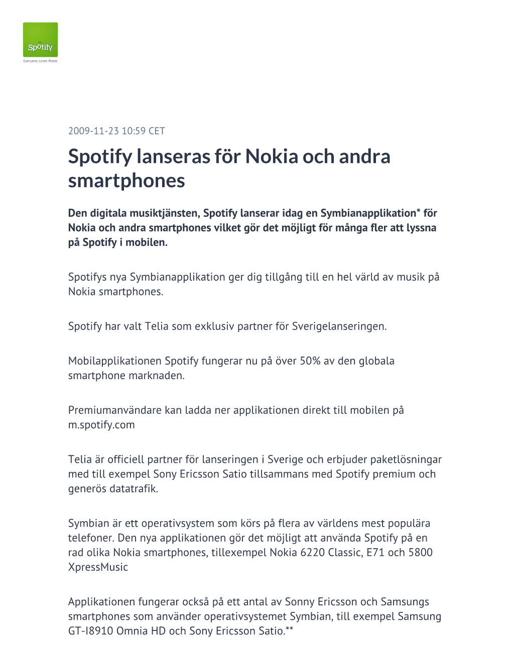 Spotify Lanseras För Nokia Och Andra Smartphones