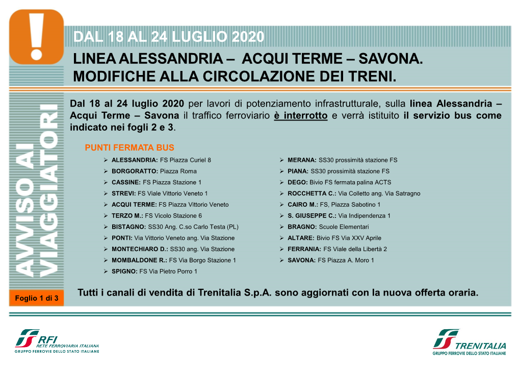 Dal 18 Al 24 Luglio 2020 Linea Alessandria – Acqui Terme – Savona