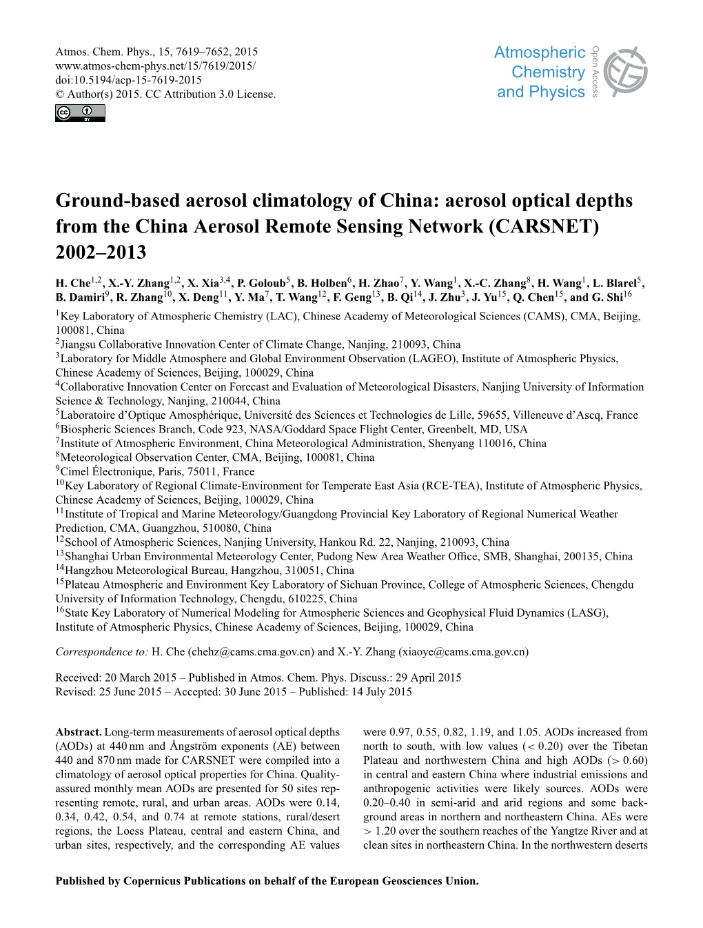 Ground-Based Aerosol Climatology of China: Aerosol Optical Depths from the China Aerosol Remote Sensing Network (CARSNET) 2002–2013