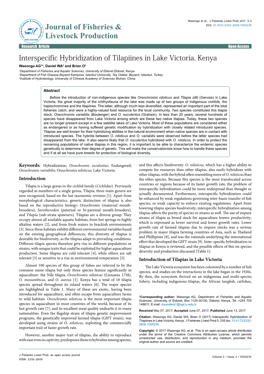 Interspecific Hybridization of Tilapiines in Lake Victoria, Kenya