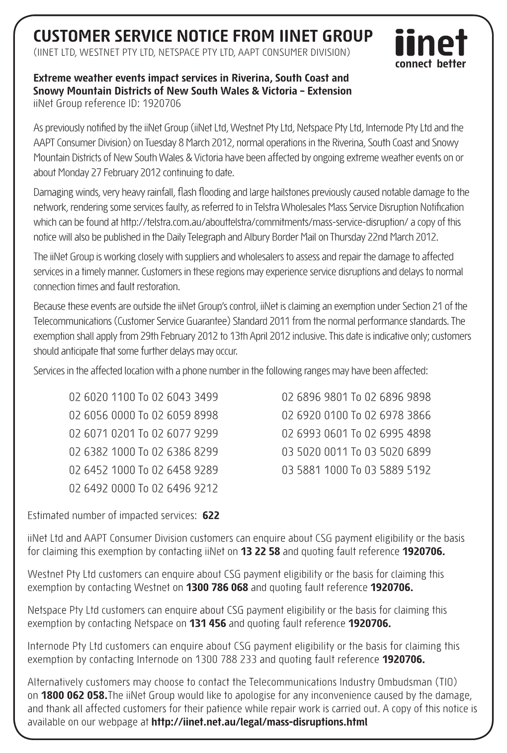 Customer Service Notice from Iinet Group (Iinet Ltd, Westnet Pty Ltd, Netspace Pty Ltd, Aapt Consumer Division)