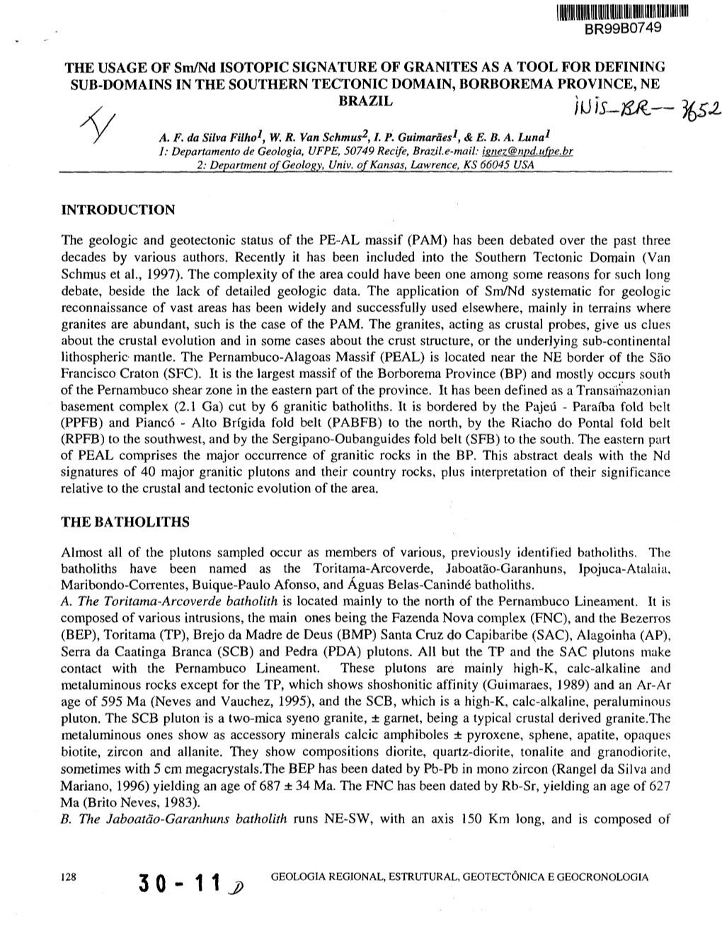 THE USAGE of Sm/Nd ISOTOPIC SIGNATURE of GRANITES AS a TOOL for DEFINING SUB-DOMAINS in the SOUTHERN TECTONIC DOMAIN, BORBOREMA PROVINCE, NE BRAZIL