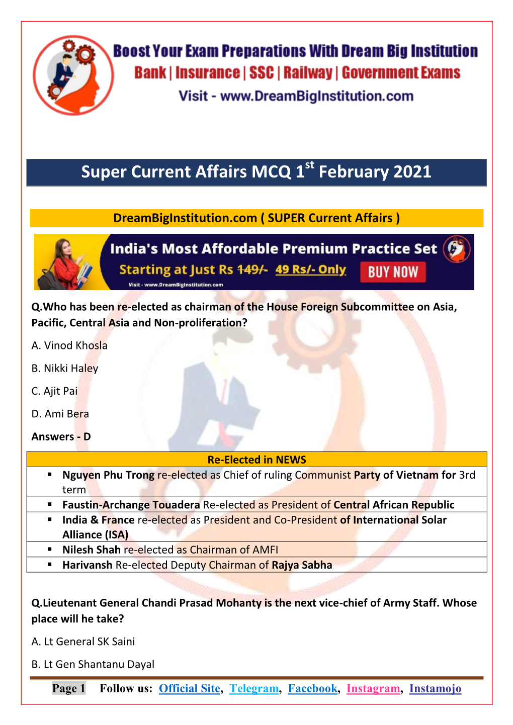 Super Current Affairs MCQ 1 February 2021