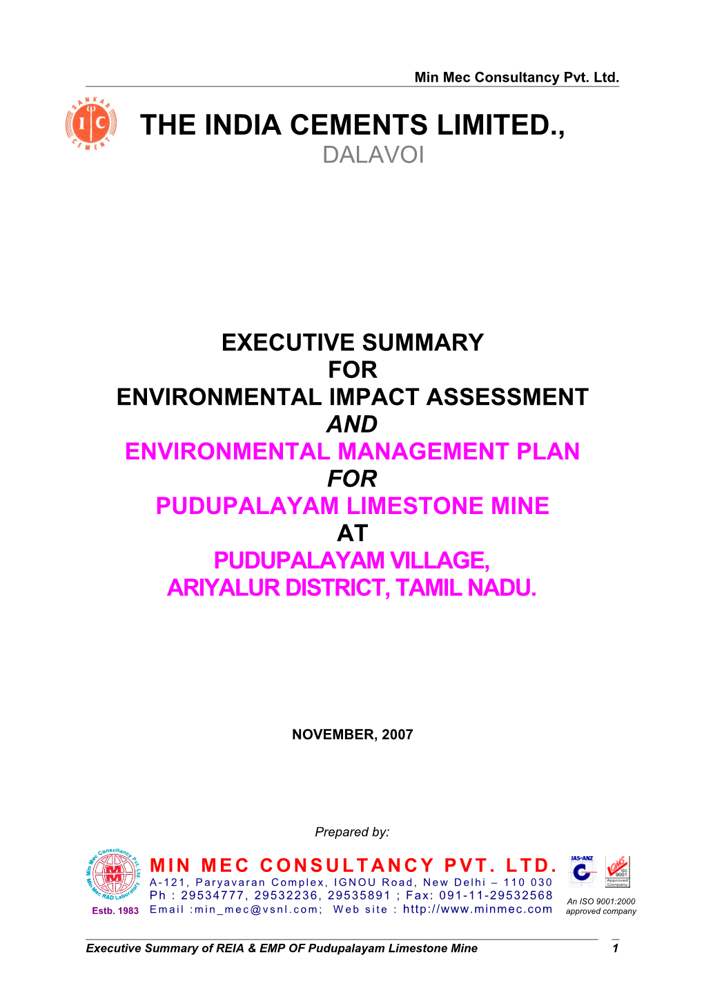 Executive Summary of REIA & EMP of Pudupalayam Limestone Mine 1 Min Mec Consultancy Pvt
