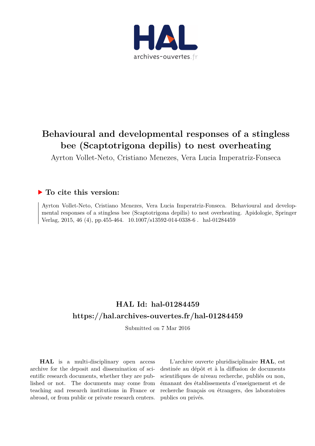 Scaptotrigona Depilis) to Nest Overheating Ayrton Vollet-Neto, Cristiano Menezes, Vera Lucia Imperatriz-Fonseca