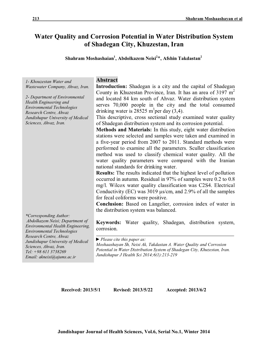 Water Quality and Corrosion Potential in Water Distribution System of Shadegan City, Khuzestan, Iran