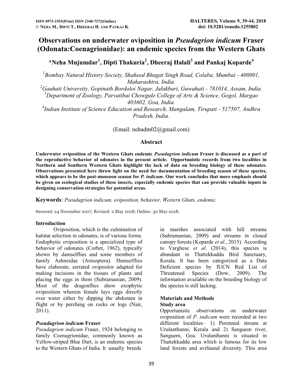 Observations on Underwater Oviposition in Pseudagrion Indicum Fraser (Odonata:Coenagrionidae): an Endemic Species from the Western Ghats