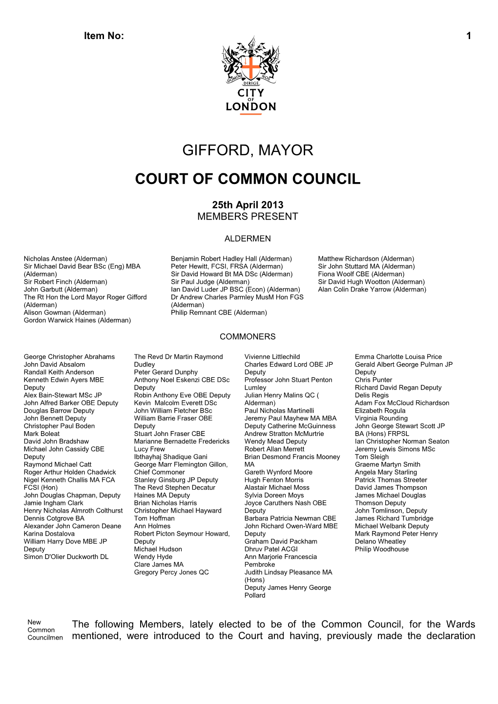 Gifford, Mayor Court of Common Council