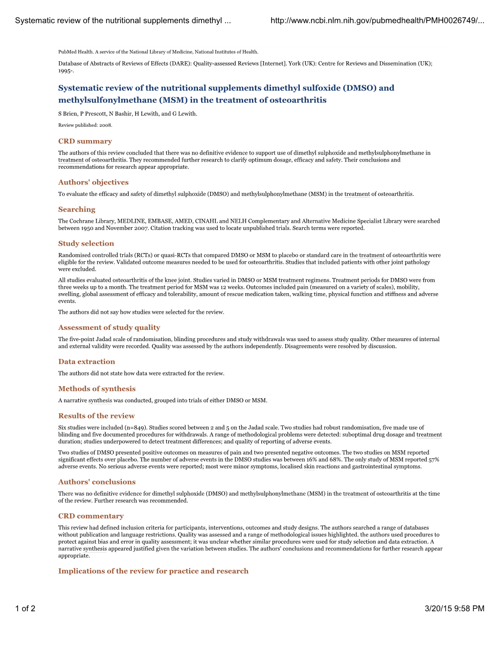 Systematic Review of the Nutritional Supplements Dimethyl Sulfoxide (DMSO) and Methylsulfonylmethane (MSM) in the Treatment of Osteoarthritis