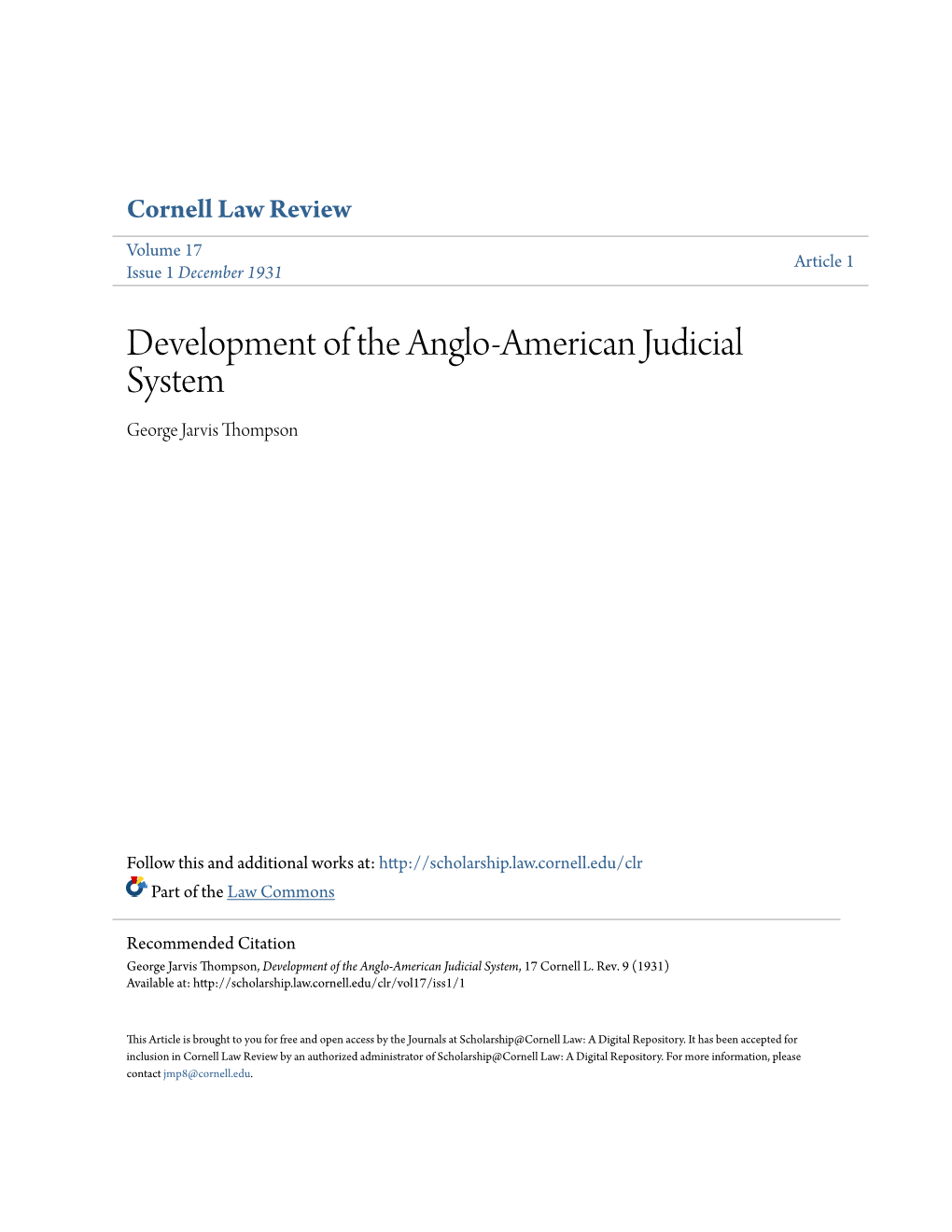 Development of the Anglo-American Judicial System George Jarvis Thompson