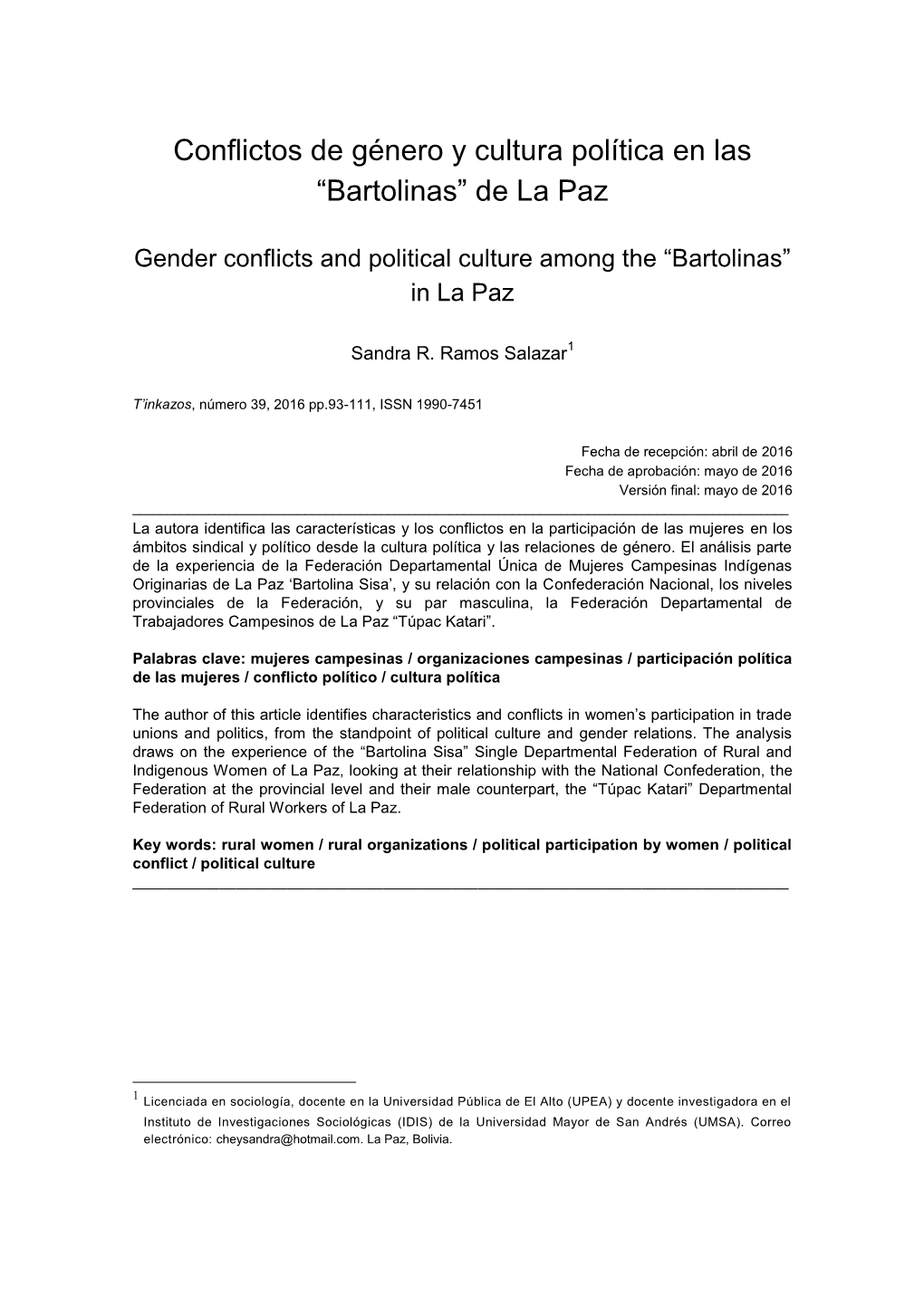 Conflictos De Género Y Cultura Política En Las “Bartolinas” De La Paz