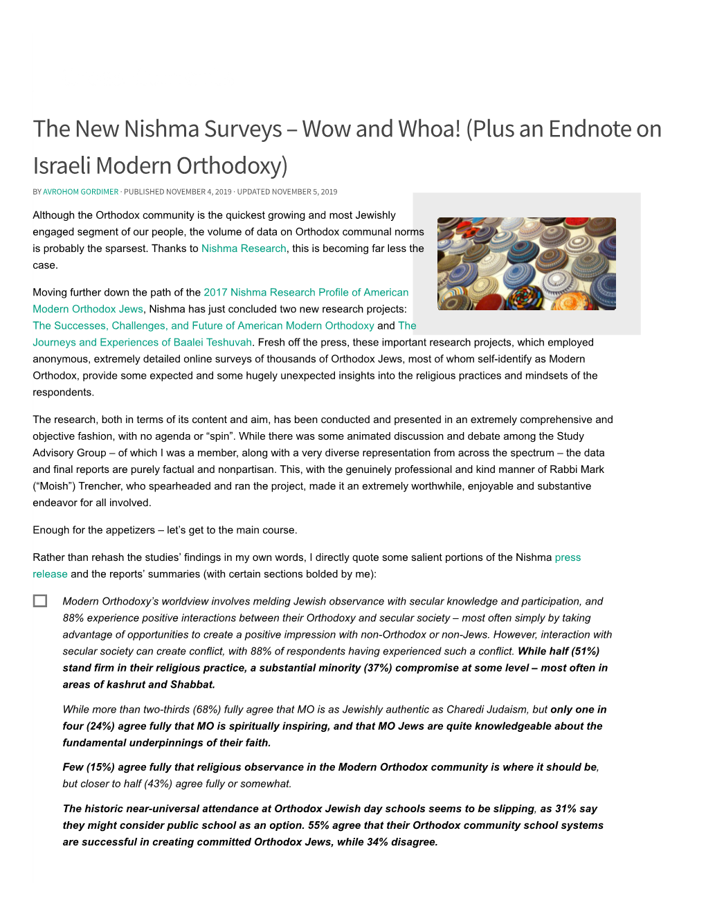 The New Nishma Surveys – Wow and Whoa! (Plus an Endnote on Israeli Modern Orthodoxy) by AVROHOM GORDIMER · PUBLISHED NOVEMBER 4, 2019 · UPDATED NOVEMBER 5, 2019