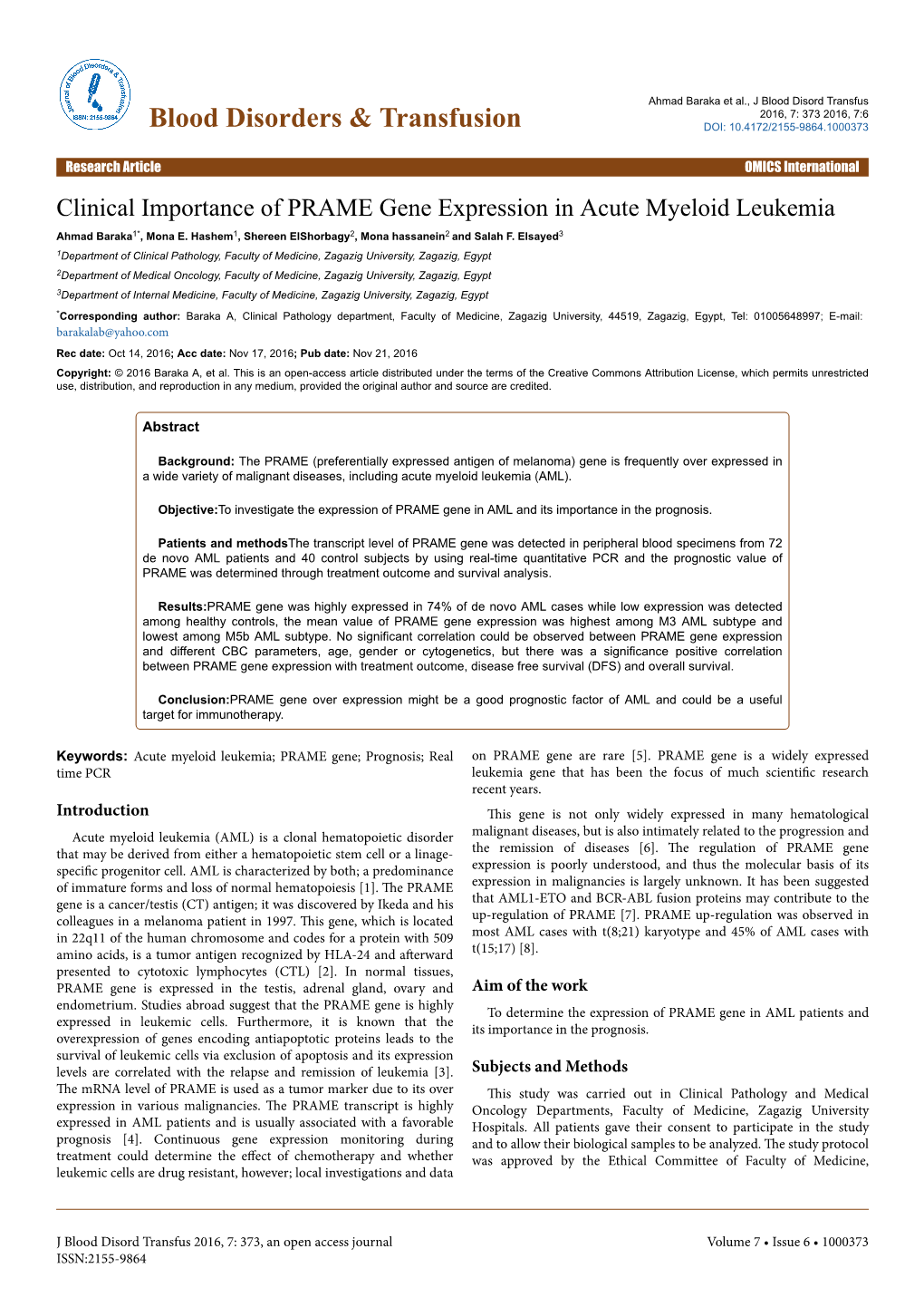 Clinical Importance of PRAME Gene Expression in Acute Myeloid Leukemia Ahmad Baraka1*, Mona E