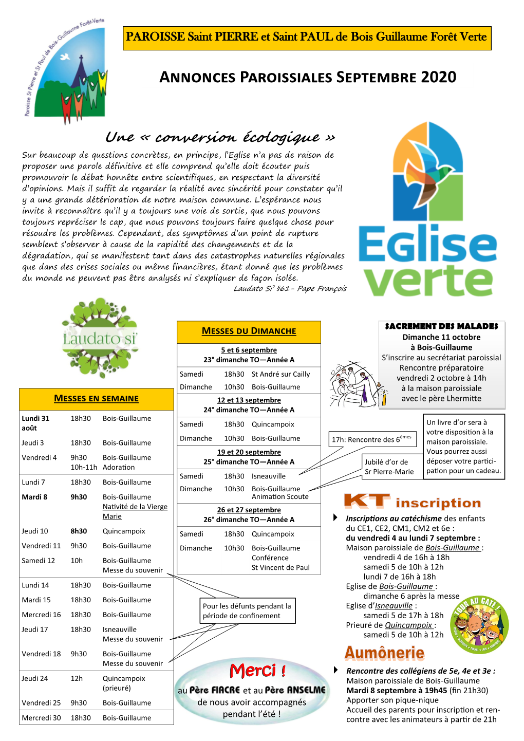 Annonces Paroissiales Septembre 2020