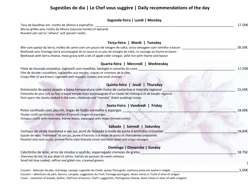 Sugestões Do Dia | Le Chef Vous Suggère | Daily Recommendations of the Day