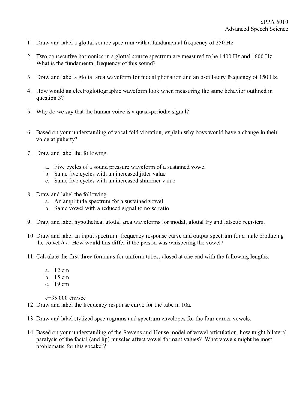 1. Draw and Label a Glottal Source Spectrum with a Fundamental Frequency of 250 Hz