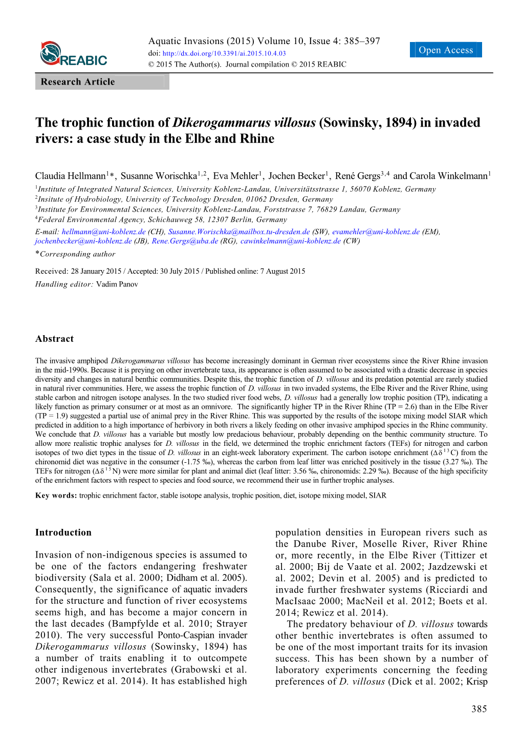 The Trophic Function of Dikerogammarus Villosus (Sowinsky, 1894) in Invaded Rivers: a Case Study in the Elbe and Rhine