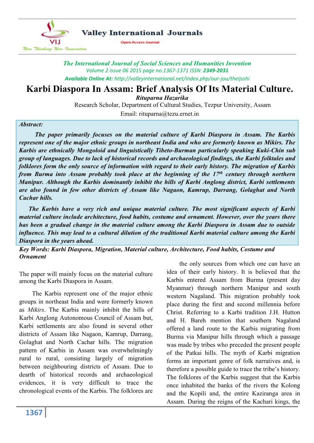 Karbi Diaspora in Assam: Brief Analysis of Its Material Culture