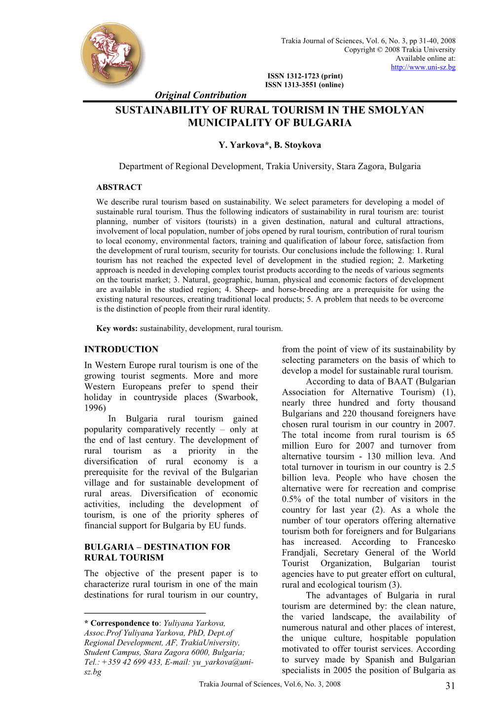 Sustainability of Rural Tourism in the Smolyan Municipality of Bulgaria