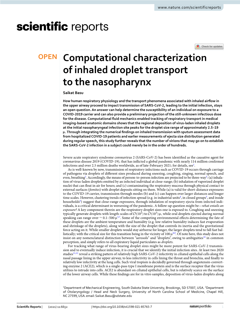 Computational Characterization of Inhaled Droplet Transport to the Nasopharynx Saikat Basu